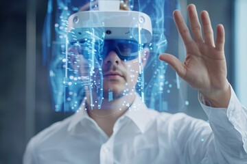 Poster - A Man Using a Virtual Reality Headset, Engaging with Holographic Digital Displays in a Futuristic and High-Tech Environment, Generative AI