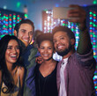 Group, friends and selfie with club, party and celebration for birthday or new years event. Influencer, memories and social media profile picture with concert, diversity and technology for connection