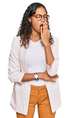 Canvas Print - Young african american girl wearing business clothes bored yawning tired covering mouth with hand. restless and sleepiness.