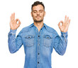 © Krakenimages.com - Young hispanic man wearing casual denim jacket relax and smiling with eyes closed doing meditation gesture with fingers. yoga concept.