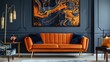 © Penatic Studio - Orange sofa and armchair against dark blue classic wall with marbling poster. Art deco home interior design of modern living room.