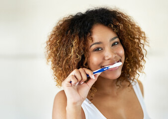 Canvas Print - Smile, portrait and woman with toothbrush for teeth in bathroom with dental hygiene in house. Morning, happy and everyday routine with refreshing breath, getting ready and care with daily habit