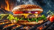 Fire-grilled burger, topped with melted cheese, fresh lettuce, tomato, and red onion, sizzles over open flames