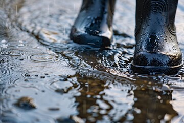 Macro close-up of rain boots in a waterlogged puddle