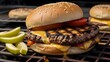 Juicy gourmet cheeseburger with melted cheese, fresh tomatoes, avocado grilling on charcoal BBQ