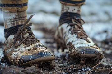 Wall Mural - Close-up of soccer shoes caked in mud and showing signs of age