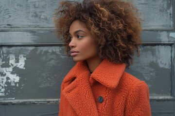 A fashionable woman with curly hair and warm autumn attire in a contemplative pose against a wooden backdrop