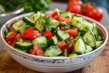 Wall Mural - White Bowl Filled With Cucumbers and Tomatoes