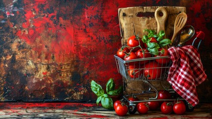 Wall Mural - A shopping cart packed with colorful kitchen gadgets and cooking utensils, isolated on a vibrant backdrop, symbolizing culinary creativity and