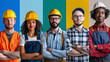 © Lulla - People representing diverse professions, A diverse group of confident construction workers in safety gear stands with arms crossed, representing teamwork and professionalism in the industry