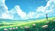 animestyle illustration of sheep herding girl in pastoral landscape cool background