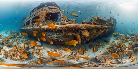 Wall Mural - An immersive 360-degree equirectangular panorama of a dramatic underwater shipwreck, with rusting hulls and twisted metal surrounded by