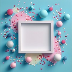Wall Mural - Vibrant Blue Background With Pink, Blue, and White Balls and Confetti