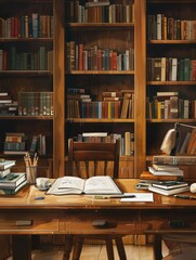 Poster - A wooden desk covered in a plethora of colorful books, pens, and educational supplies. Generative AI