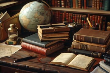 Poster - A table adorned with a plethora of books and a globe, symbolizing the endless journey of learning and discovery. Generative AI