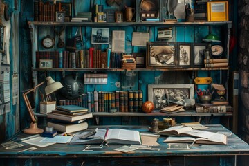 Poster - A desk adorned with books and a glowing lamp, creating a cozy and scholarly atmosphere. Generative AI