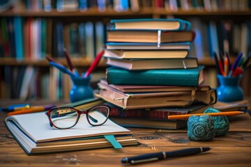 Poster - A stack of books sits on a desk, topped by a pair of glasses. The setup conveys a sense of knowledge, intelligence, and academia. Generative AI