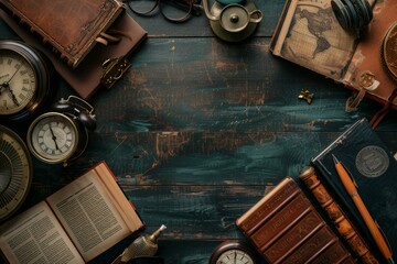 Poster - A table overflowing with books and clocks, symbolizing the timeless nature of knowledge and learning. Generative AI