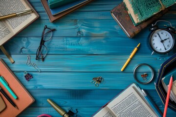 Poster - A blue wooden table holds a collection of books and a vintage clock, symbolizing the timeless nature of knowledge and learning. Generative AI