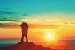 A woman embracing her partner on a hilltop at sunrise, their silhouettes framed by the warm hues of dawn, radiating love and happiness