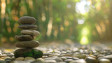 Fototapeta Desenie - Zen stones perfectly balanced, set against the soothing backdrop of a bamboo grove. Wellness Month concept, balance, peace, and meditation.