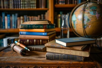 Poster - A tall tower of various books standing proudly on a rustic wooden table, showcasing a world of wisdom waiting to be explored. Generative AI