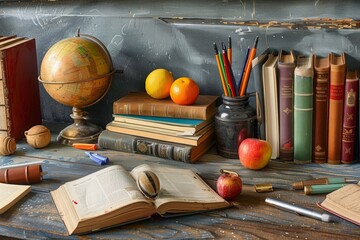 Poster - A table adorned with an assortment of books and a detailed globe, creating a scene of knowledge and exploration. Generative AI