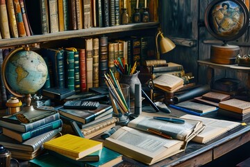 Fototapete - A desk adorned with a plethora of books and a globe, showcasing a world of information and endless learning possibilities. Generative AI
