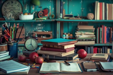 Aufkleber - A wooden table adorned with a multitude of books, creating a captivating display of literary treasures waiting to be explored. Generative AI