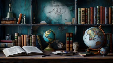 Aufkleber - A bookshelf filled with a plethora of books of various sizes and colors, with a vibrant globe sitting prominently among them. Generative AI