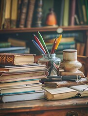 Aufkleber - A stack of colorful books sits neatly on a rustic wooden table, casting a shadow in the soft light. Generative AI