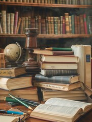 Aufkleber - A collection of assorted books rests neatly atop a rustic wooden table, creating a cozy and inviting reading nook. Generative AI
