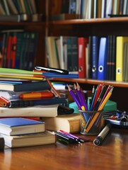 Aufkleber - A wooden table adorned with a plethora of books and pencils, creating a serene and studious atmosphere. Generative AI