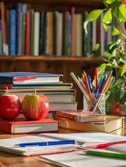 Aufkleber - A wooden table adorned with a stack of books and a ripe apple, surrounded by a cozy ambiance. Generative AI