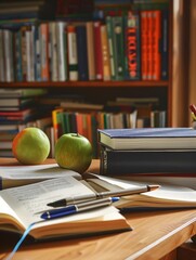Aufkleber - A desk adorned with books, an apple, and a pen. A serene space for reading, writing, and creativity. Generative AI