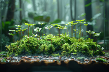 Wall Mural - A miniature forest scene captured in a glass enclosure, showcasing the beauty of nature in a confined space. Concept of environmental preservation. Generative Ai.