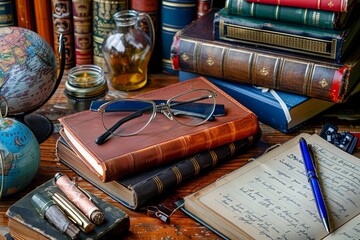 Aufkleber - A table overflowing with colorful books and glasses, creating a whimsical and intellectual atmosphere. Generative AI