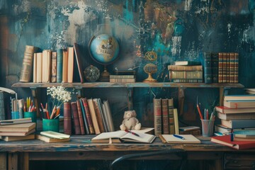 Aufkleber - A bookshelf stacked with numerous books stands beside a desk adorned with pens and educational supplies, evoking a scholarly atmosphere. Generative AI
