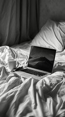 Canvas Print - Laptop Computer on Bed With Coffee Cup