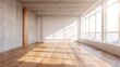 © RocknRoller Studios - Empty Gallery Space with Oak wood floor and Light Concrete Walls. Bright modern interior with Large Windows Looking out to the City.
