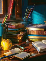 Aufkleber - A mesmerizing painting depicting a desk adorned with an array of books, elegant pens, and a charming teapot. Generative AI