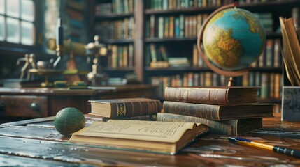 Aufkleber - A meticulously arranged desk adorned with stacks of books and a vibrant globe, evoking a sense of exploration and knowledge. Generative AI