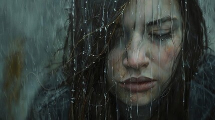 evocative portrait of a young woman seeking solace and redemption in the rain inspired by biblical themes oil painting