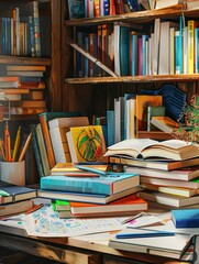 Aufkleber - A diverse collection of books stacked neatly on a table, creating a tower of knowledge and imagination. Generative AI