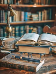 Aufkleber - A table adorned with a stack of books, glasses, and a lamp, creating a cozy reading nook perfect for late night studying or relaxing with a good book. Generative AI