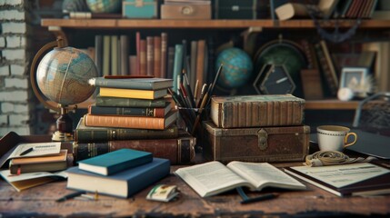 Poster - A table adorned with numerous books and a globe, symbolizing vast learning opportunities and diverse perspectives in education. Generative AI