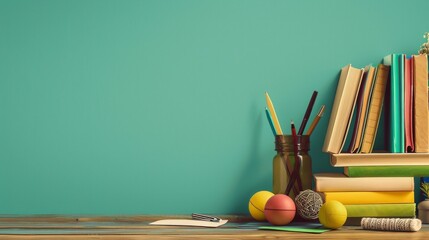 Aufkleber - A wooden table holds a bookshelf overflowing with a colorful array of books, inviting exploration and discovery. Generative AI