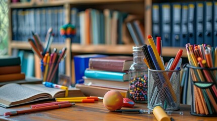Aufkleber - A wooden table adorned with an array of books and vibrant pencils, inviting exploration, creativity, and learning. Generative AI