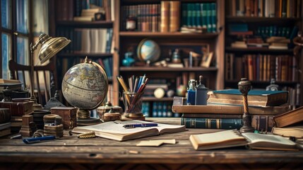 Aufkleber - A desk adorned with books and a globe, showcasing a blend of literature and geography in a harmonious display of knowledge and exploration. Generative AI
