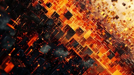 Sticker - Vibrant 3D abstract of gold and orange cubes with a glowing effect.